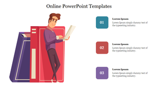 Online template design showing a man with a book beside stacked textbooks, with descriptions in blue, red, and purple.