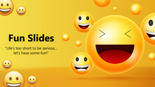 Yellow-orange background with laughing emojis, bold text holder, shapes, and cheerful fun slides theme.