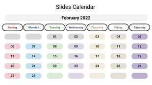 Monthly calendar for February 2022, showing days in soft colored boxes, with Sunday highlighted in red.