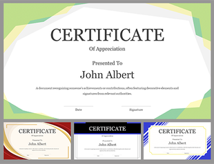 Certificate slide deck with varying border designs, emphasizing clean, elegant layouts and central text for awardees.