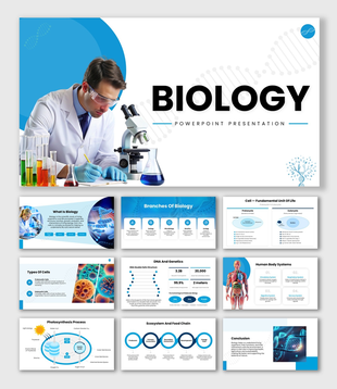 Biology themed slide with a microscope, DNA strand, beaker, and plant illustration, paired with text space.