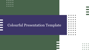 Colorful slide with dark green and white split background, abstract dotted accents, and centered dark blue title box.