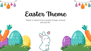 Easter PowerPoint theme with bunny, colorful eggs, carrots, grass, pastel shades, text space, and festive hanging icons.