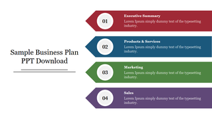 Business plan slide with four horizontal arrow shaped banners in red, blue, green, and purple, numbered 1 to 4 with text.