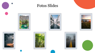 Creative photos slide layout showcasing six images framed with colorful circular designs on a white backdrop.
