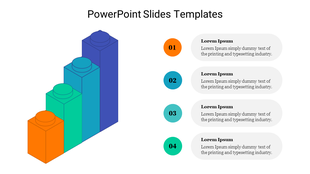 Infographic design with four 3D blocks in orange, teal, blue, and purple, each with a numbered caption and gray text box.