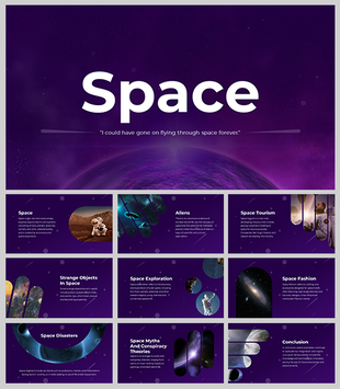 Space themed slide deck with dark purple backgrounds and sections on aliens, tourism, disasters, myths, and exploration.