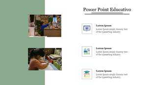 PowerPoint slide showing children engaged in classroom activities, with icons and text areas for educational content.
