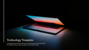 Technology slide with a glowing laptop in a dark setting, screen partly open, and white text in lower left corner.