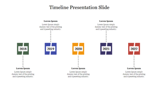 Timeline slide showing years 2018 to 2022 in square icons with split colors and dotted lines linking to captions above or below.