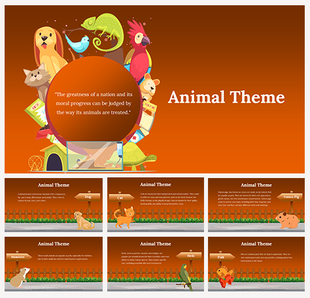 Animal themed Google Slides with colorful illustrations of pets and animals, featuring a quote about animal treatment.