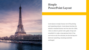 Simple layout with a photo of the Eiffel Tower and text on the right side, highlighted by a yellow border.