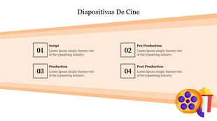 Diapositivas de cine slide with a beige background, four numbered boxes, and film reel and popcorn icons in the corner.