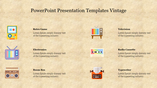 Vintage themed slide featuring icons of retro gadgets with placeholder text.