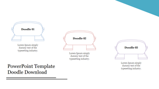 Slide with three simple doodle frames in blue, red, and purple, each titled and containing placeholder text areas.