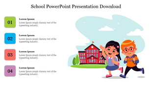School-themed slide with an illustration of two kids walking near a school, and four colored sections with caption areas.