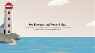 Lighthouse on rocky cliffs overlooking a calm sea, with clouds and beige sky, and centered text above the water.