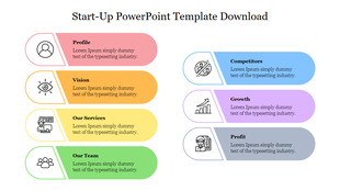 Startup template with rounded rectangles in pastel tones of red, orange, yellow,  green, blue, purple, and gray, with icons.