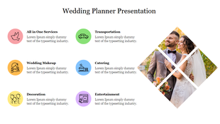 Wedding planning with six labeled service icons in pastel tones and a diamond-patterned image of a bride and groom.