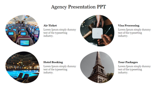 Agency PPT slide features images for air tickets, visa processing, hotel booking, and tour packages on a white backdrop.