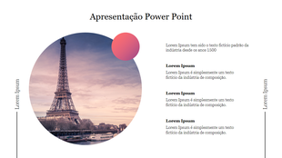 Apresentação Power Point with scenic Eiffel Tower image, gradient circle overlay, and structured text content on right.