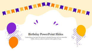 Playful birthday slide with wavy header, festive bunting in purple and orange, and central title area below decorative balloons.