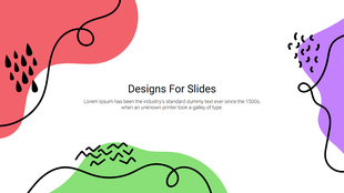 Slide with a central title, surrounded by abstract shapes in red, green, and purple with decorative black lines and icons.