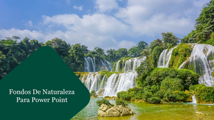 Fondos De Naturaleza Para PPT with cascading waterfalls and dense green foliage under a partly cloudy sky with title text.