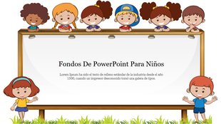 Fondos de PowerPoint para ninos with illustrated children characters around a blank board, set on a green grass background.