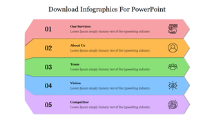 Multicolor infographic slide with arrows showing five sections with numbers, titles, and outline-style icons.