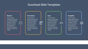Template with four boxes, each containing placeholder text and icons for company details and services.