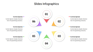 Circular infographic with six numbered nodes, each with a colorful triangular pointer, and captions on both sides.