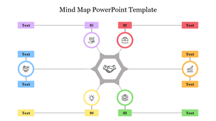 Mind map layout with colorful circular sections connected to a central hexagon, featuring icons and text.