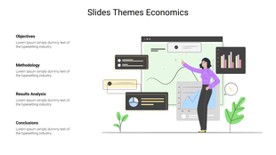 Economics themed slide with an illustration of a woman presenting data on graphs with four text sections.