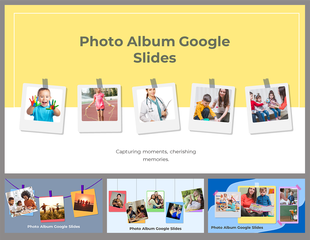 Slide deck with colorful photo collage in a polaroid style, showcasing family moments and outdoor activities.