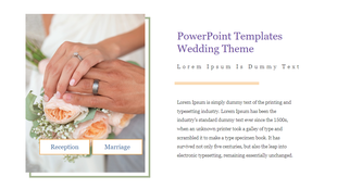 Wedding theme PowerPoint template featuring a close up of a couple's hands with rings and a bouquet of roses.