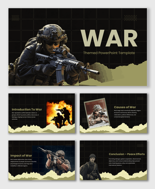 War Themed presentation with soldiers, rifles, fire visuals, black-gold layouts, torn shapes, and structured text holders.