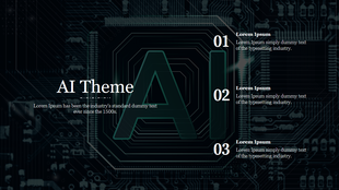 AI themed slide with a digital circuit background, large text in the center, and numbered sections with placeholder text.