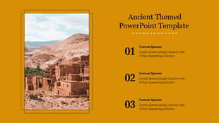 Ancient themed PowerPoint slide featuring a desert building with text placeholders on a yellow backdrop.