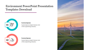 Slide for environment presentation featuring icons and text placeholders, with a wind energy image in the background.