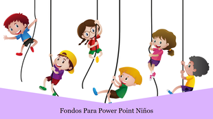 Fondos para PowerPoint ninos featuring colorful illustration of children climbing ropes, on a light purple background.