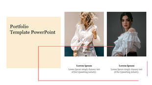 Slide featuring a portfolio template, showcasing two fashion images alongside descriptive text placeholders.