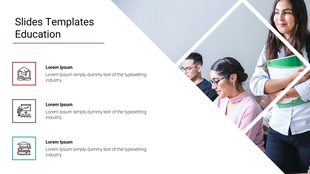 Education slide with icons in red, purple, and blue, next to a diamond shaped image of students in a classroom.