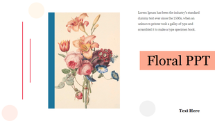 Floral themed PowerPoint template with vintage flower illustration and placeholders for text on a white backdrop.