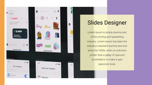 Slide showing UI sticker mockups on the left and a beige text block with black heading and paragraph text on the right.