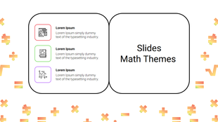 Two rounded rectangles side by side, with three icons and title, surrounded by math symbols in orange and yellow tones.
