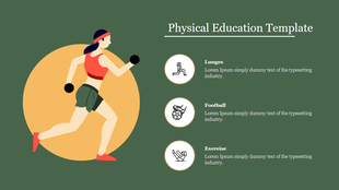 Physical Education slide showing a woman running, highlighting three exercises with icons and text area on a green backdrop.