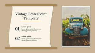Vintage slide featuring an old scroll design with a blue truck image on the right and placeholder text on the left.