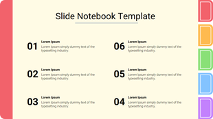 Slide with a notebook design, featuring six numbered sections, and colorful side tabs, on a soft beige background.