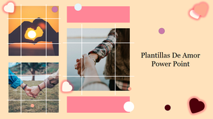 Plantillas de amor beige slide with grid photos of hands holding, surrounded by floating pink and red heart designs.